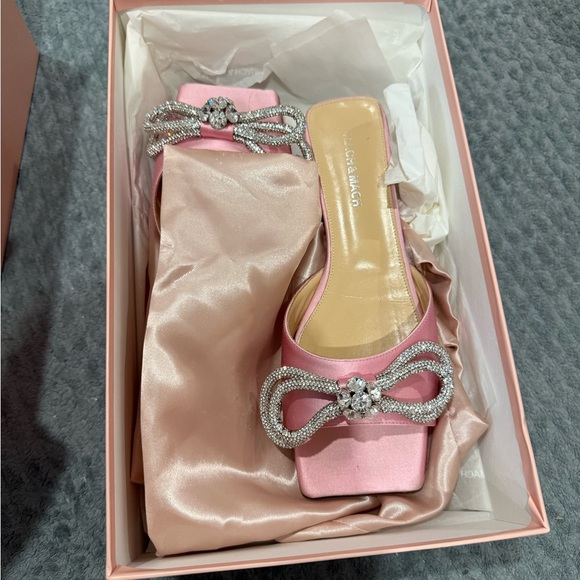 MACH & MACH Shoes - Mach & Mach Pink Satin Slide Sandals with Crystal Bow
